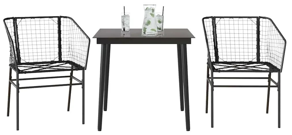 3 pcs conjunto de jantar para jardim vime PE vidro preto