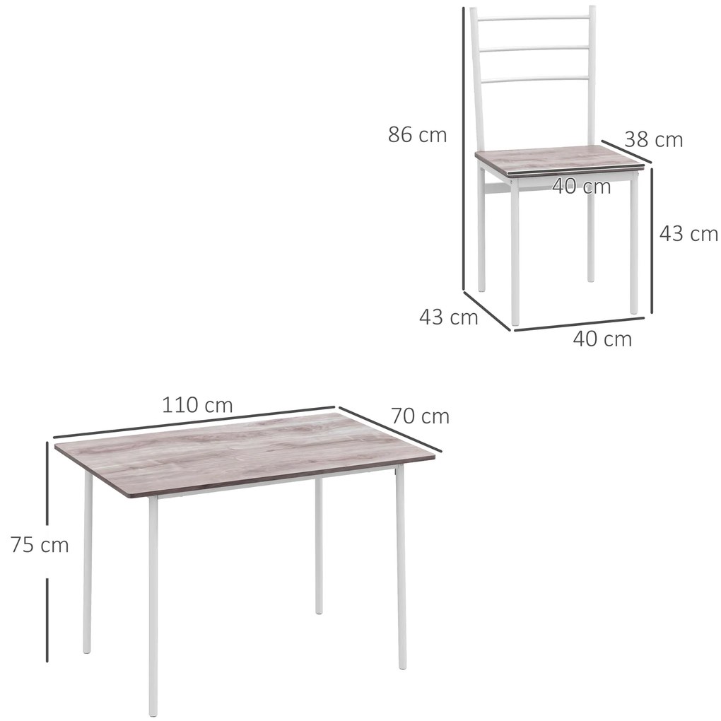 Conjunto de Refeição 5 Peças Conjunto de Mesa e 4 Cadeiras para 4 Pessoas com Estrutura de Aço 110x70x75 cm Madeira e Branco