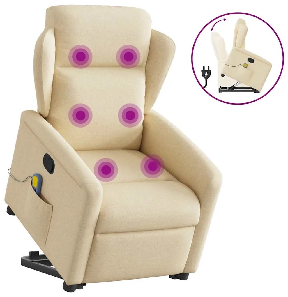 vidaXL Poltrona elevatória de massagens tecido cor creme