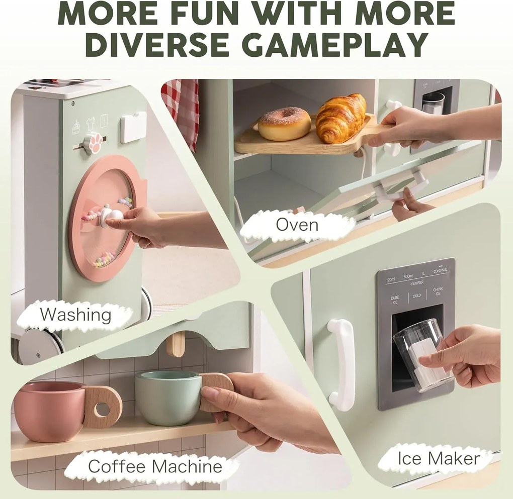 Cozinha de Brincar de Madeira 63-70 x 29,5 x 85,5 cm Expansível Verde