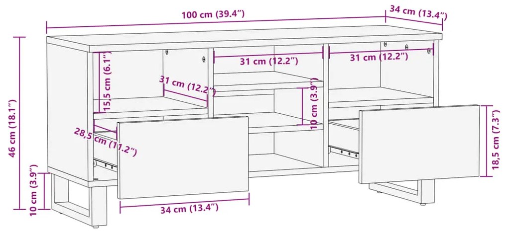 Móvel TV 100x34x46 cm madeira de mangueira áspera maciça