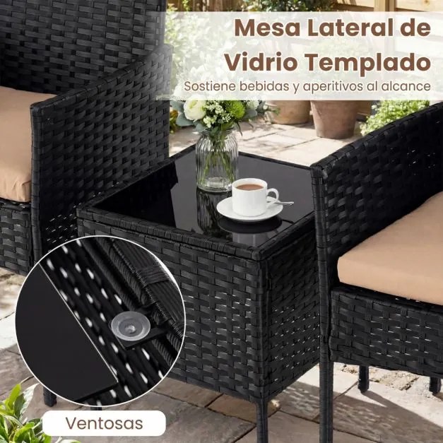 Conjunto de móveis de jardim de 3 peças em rattan com 2 cadeiras e Mesa auxiliar de vidro para terraço, pátio ou varanda Castanho+Preto