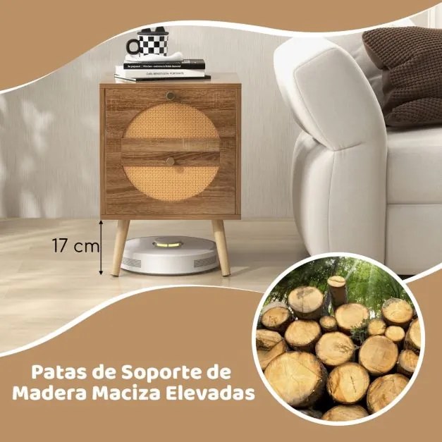 Conjunto de 2 mesas de cabeceira em rattan com 2 gavetas de estilo boémio com pernas em madeira maciça para sala de estar e quarto Natural