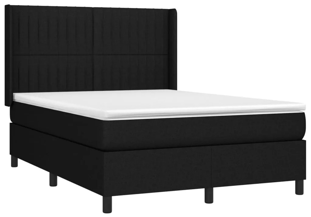 Cama box spring c/ colchão e LED 140x200 cm tecido preto