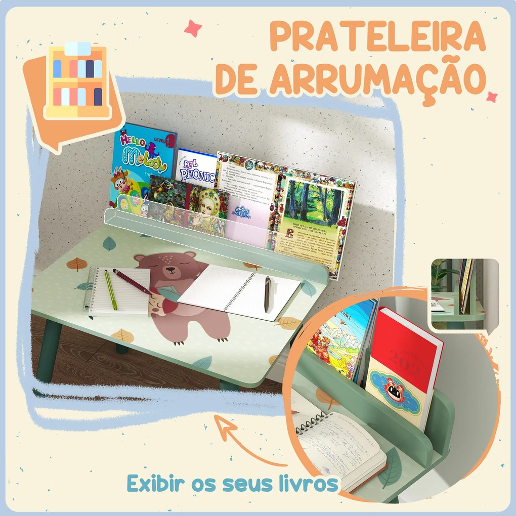 Mesa e Cadeira para Crianças com Prateleira para Livros Secretária para Crianças acima de 3 Anos Verde