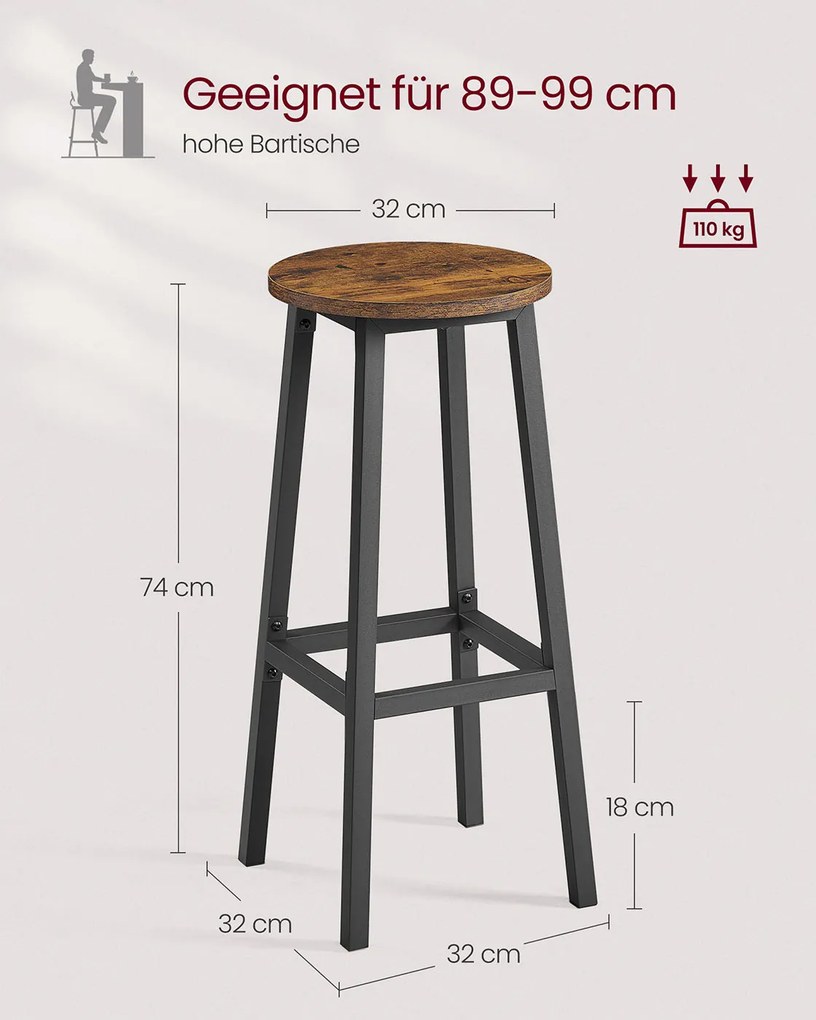 Conjunto de 2 bancos de bar com apoio para os pés 32 cm d, 74 cm H Castanho Vintage-preto