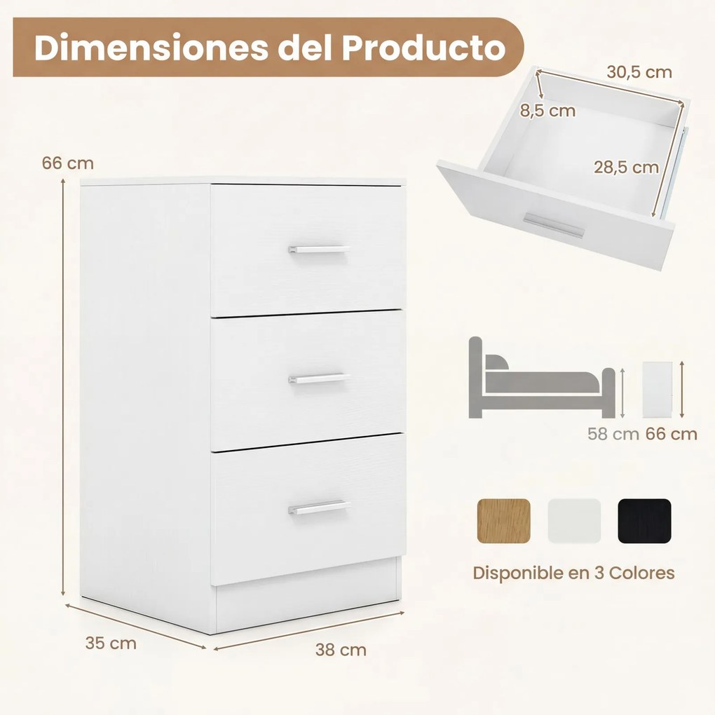 Mesa de cabeceira com base de carregamento 38 x 35 x 66 cm, 3 gavetas, porta USB, moderna, para sala ou quarto, branca