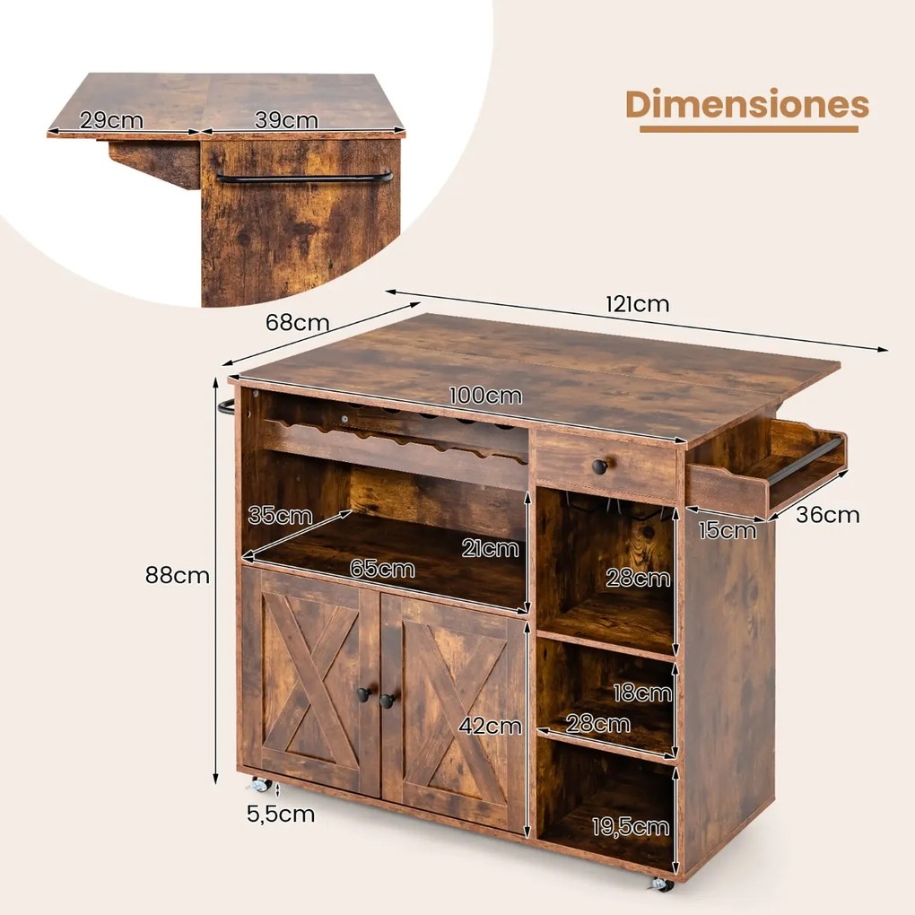 Carrinho de cozinha buffet com rodas Estante de vinho dobrável para copos 121 x 68 x 88 cm Castanho rústico