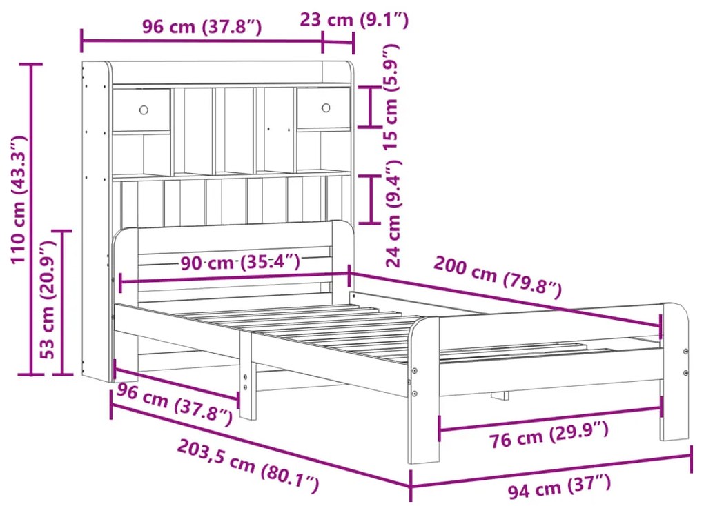 Cama com estante sem colchão 90x200cm pinho maciço castanho-mel