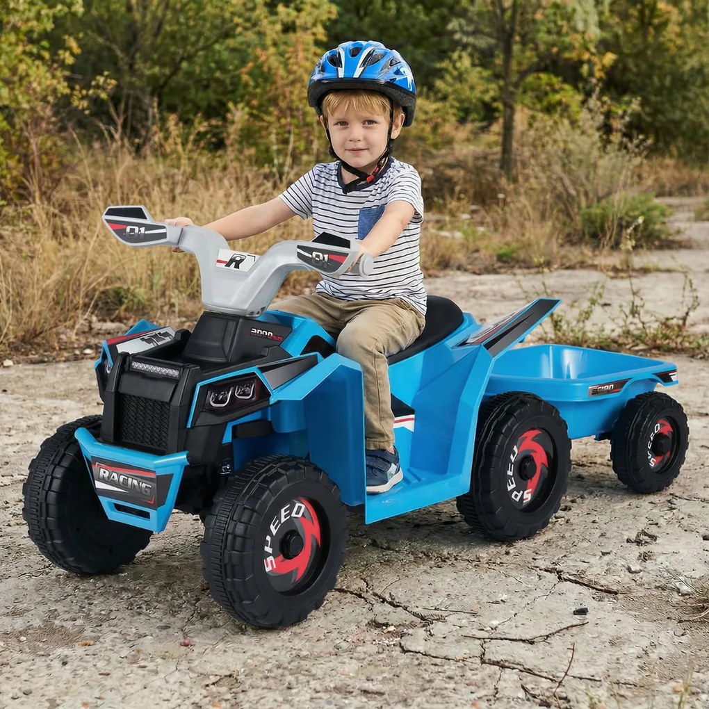 Moto 4 elétrico 6V para crianças 104 x 39 x 48 cm com reboque traseiro azul