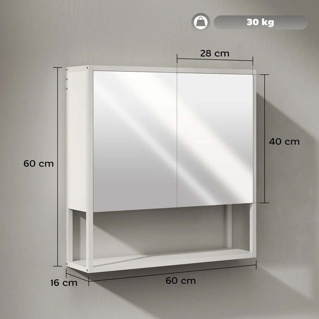 Armário de parede para casa de banho com espelho, móvel de casa de banho, 2 portas com espelho, prateleira aberta 60 x 16 x 60 cm, branco