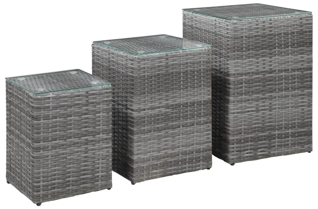 Mesas de apoio com tampo de vidro 3 pcs vime PE cinzento