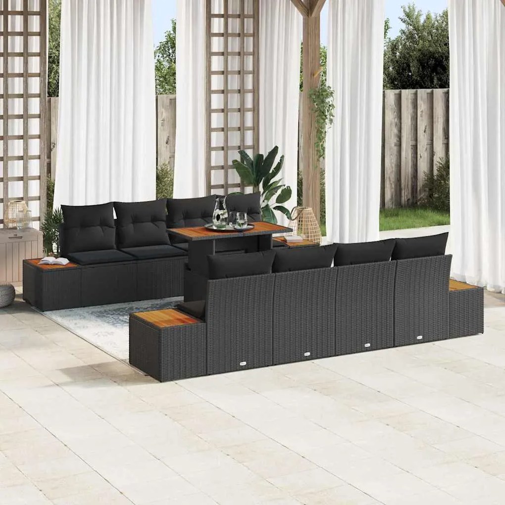vidaXL Conjunto de jantar de 9 peças pra jardim com almofadas de rattan