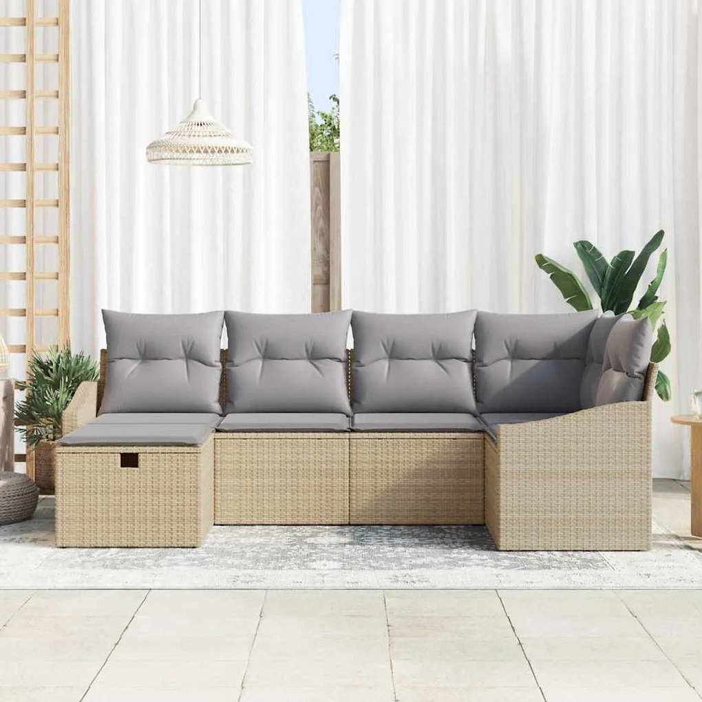 Conjunto de Sofá de Jardim 6 Peças com Almofadas Bege Rattan Poliéster