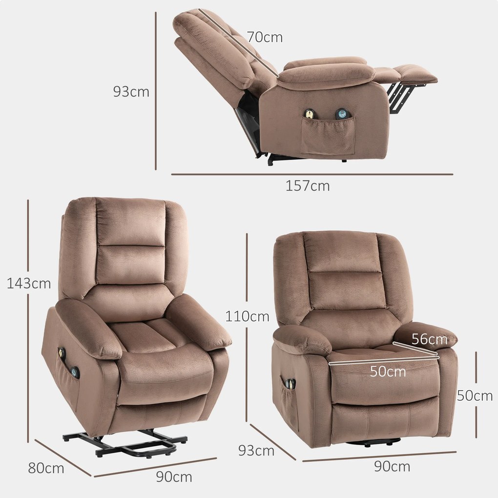 Poltrona elevatória elétrica, de relaxamento com encosto reclinável e apoio para os pés, com comandos remotos, 90 x 93 x 110 cm, castanho
