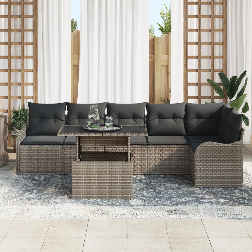 Conjunto de Sofá de Jardim de 7 Peças com Almofadas de Rattan Cinza
