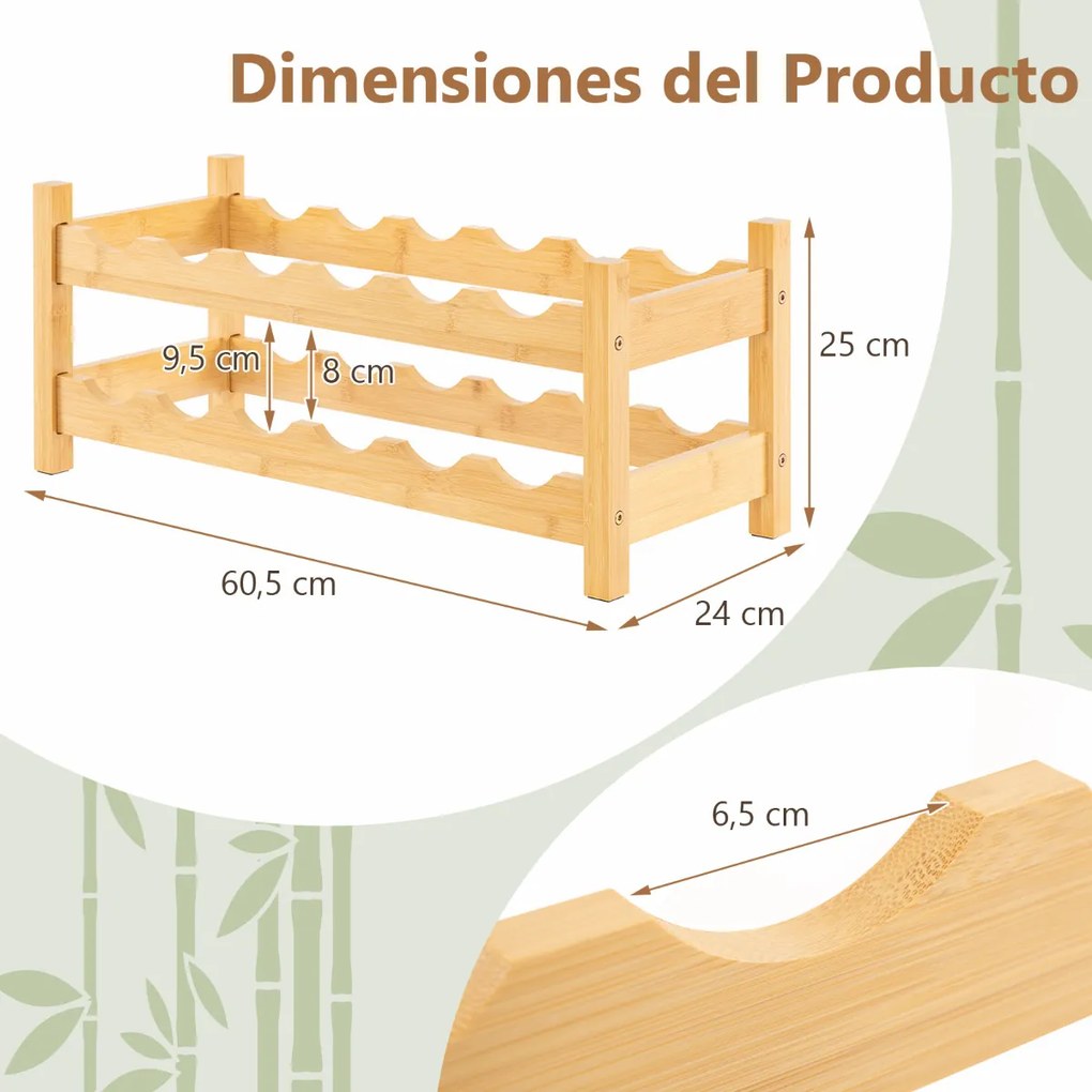 Garrafeira com 2 níveis para 12 garrafas 24 x 60,5 x 25 cm Suporte independente de bambu para cozinha, bar e bancada natural