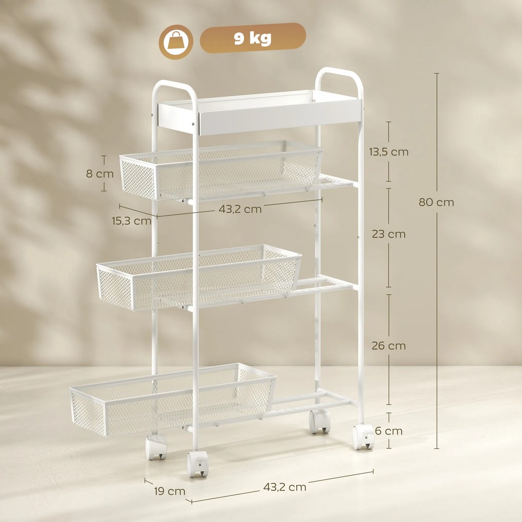 Carrinho de arrumação com 4 níveis, carrinho com Rodas, 3 cestos deslizantes, cesto superior 19 x 43,2 x 80 cm, branco