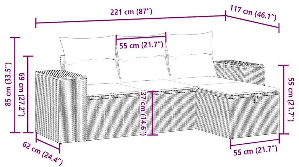 4 pcs conj. sofás jardim c/ almofadões vime PE cinzento-claro