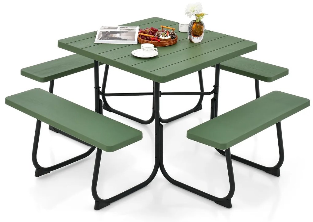 Conjunto de mesa e bancos de piquenique para 8 pessoas com 4 bancos e orifício para guarda-sol, estrutura em metal verde