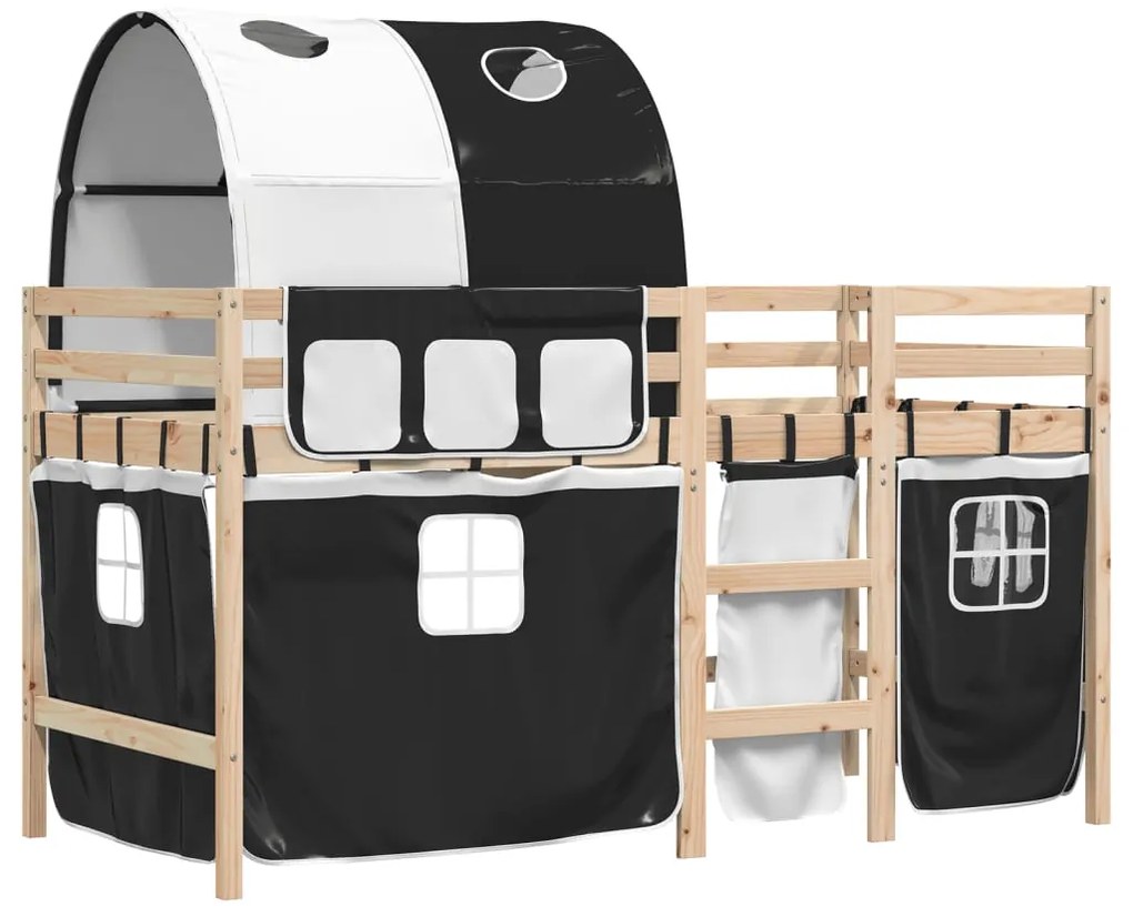 Cama alta criança c/ túnel 90x200 cm pinho maciço branco/preto
