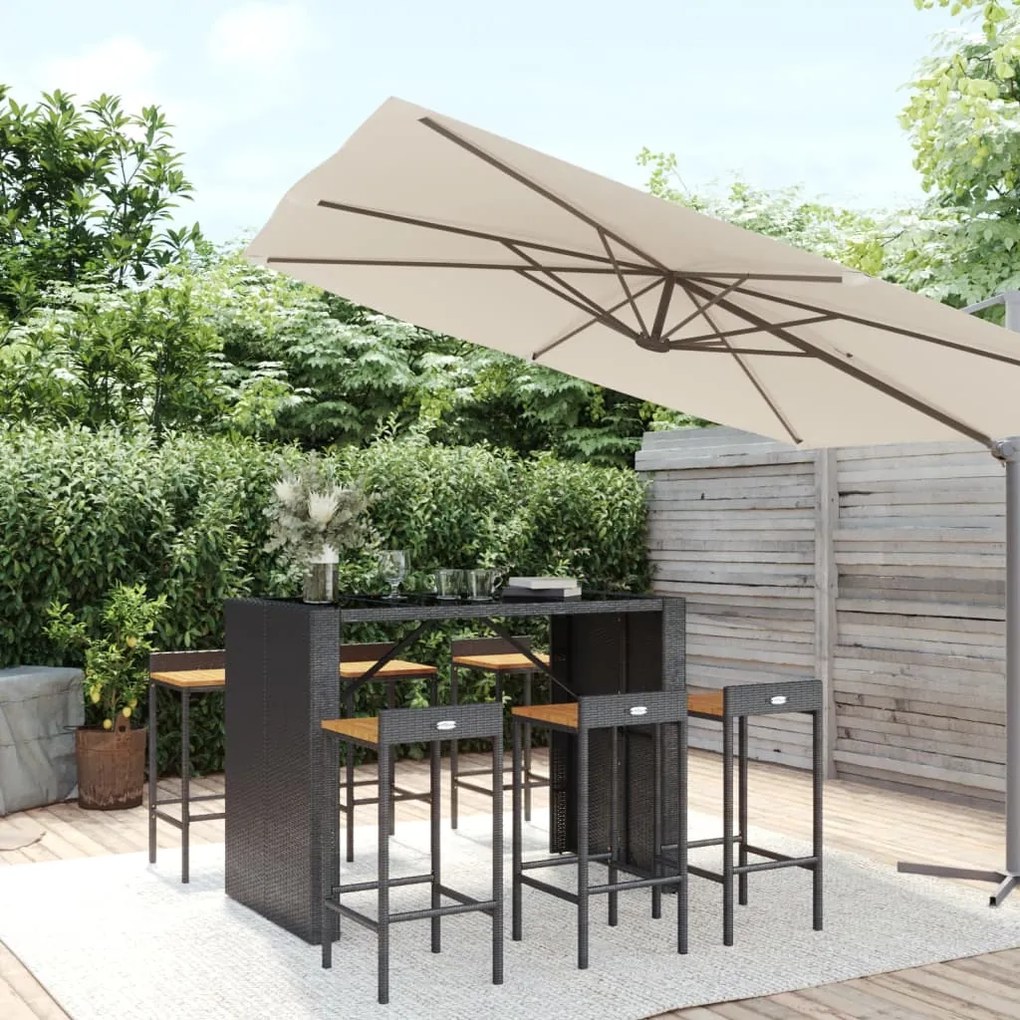 vidaXL 7 pcs conjunto de bar p/ jardim vime PE/acácia maciça preto
