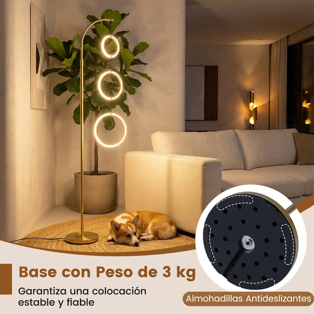 Candeeiro de pé LED de 180 cm com 3 anéis, 3 temperaturas de cor, intensidade ajustável e interruptor, com base pesada, para sala, quarto e escritório