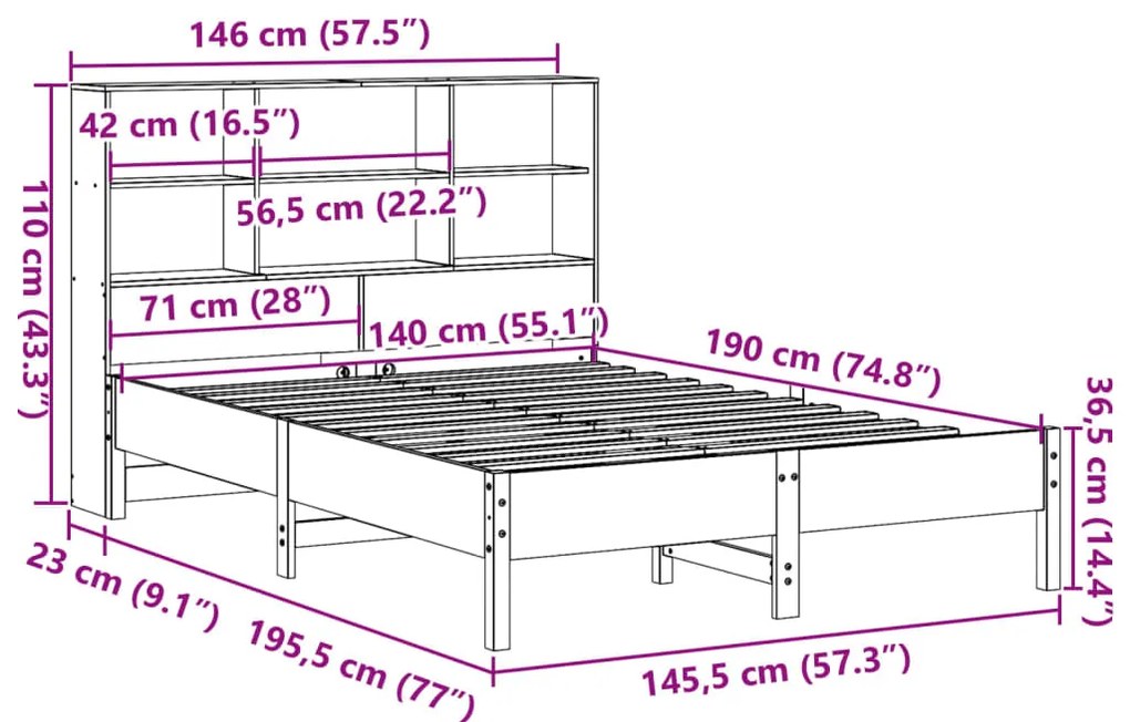 Cama com estante sem colchão 140x190 cm pinho maciço