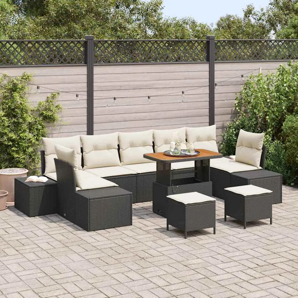 Sofá de Jardim em 10 Peças com Almofadas Polyrattan Preto e Acácia