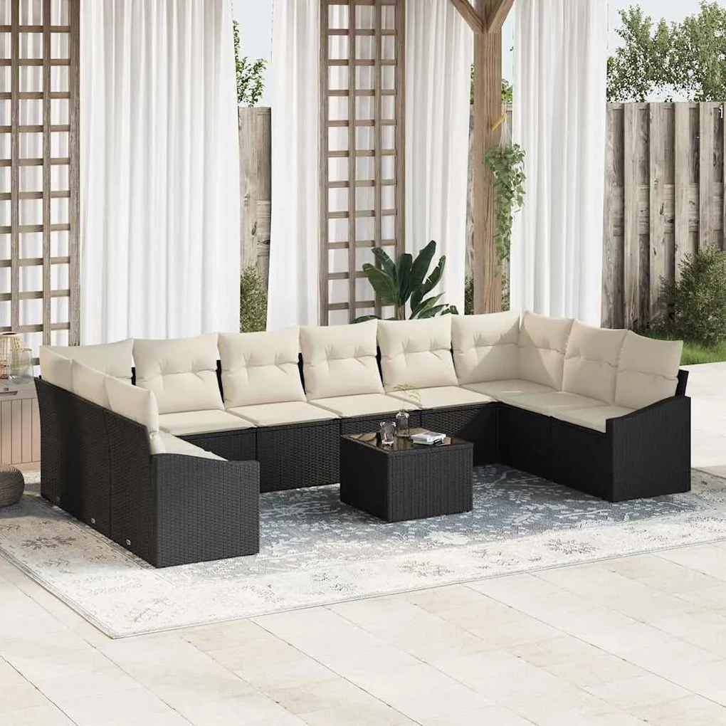 vidaXL Conjunto de Jantar de Jardim com 11 Peças e Almofadas Pretas, Rattan Sintético