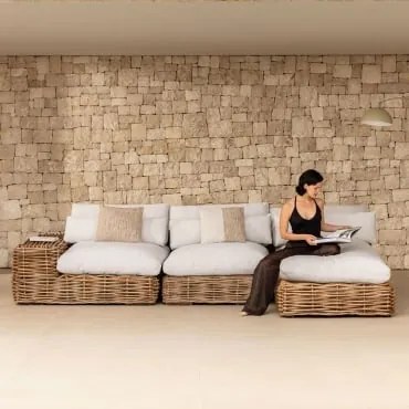 Sofá Modular Chaise Longue Direito De Jardim De 3 Peças Em Rattan Milu Style Natural - Sklum