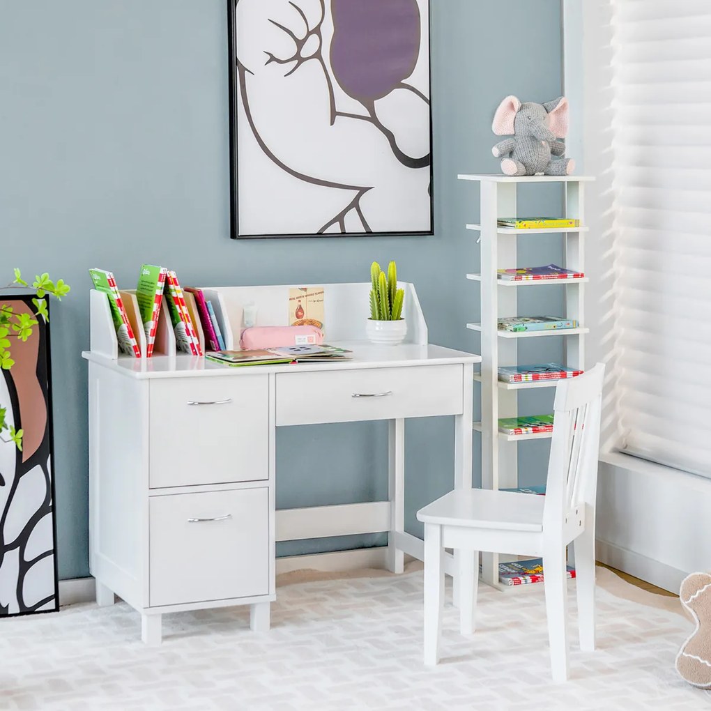 Conjunto de escrivaninha e cadeira infantil com gaveta, guarda-roupa, superfície longa, mesa de estudo infantil branca
