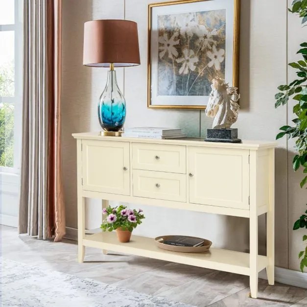 Mesa consola aparador em madeira com 2 gavetas e 2 prateleiras por baixo das portas Mesa de apoio para sala de estar Escritório 117 x 38 x 86,5 cm Beg