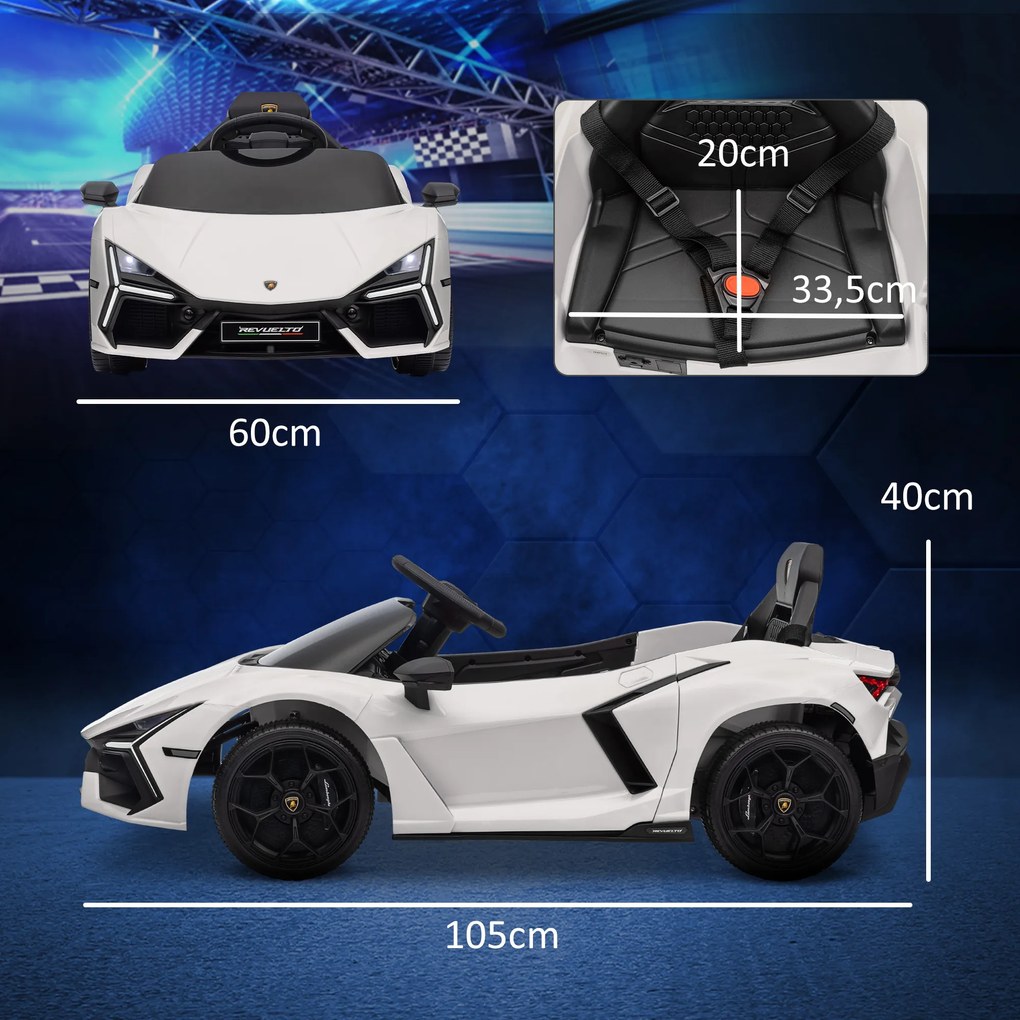 Carro Elétrico para Crianças Carro Lamborghini Revuelto com Bateria 12V  Faróis LED e Música 105x60x40 cm Branco