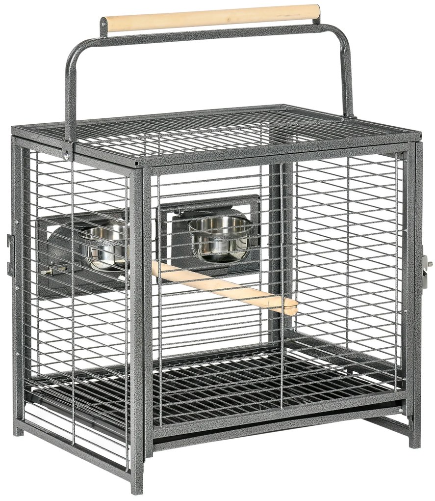 PawHut Gaiola para Pássaros Portátil com 2 Poleiros de Madeira Comedouros de Aço Inoxidável e Bandeja Amovível 48x38x47,8 cm Preto