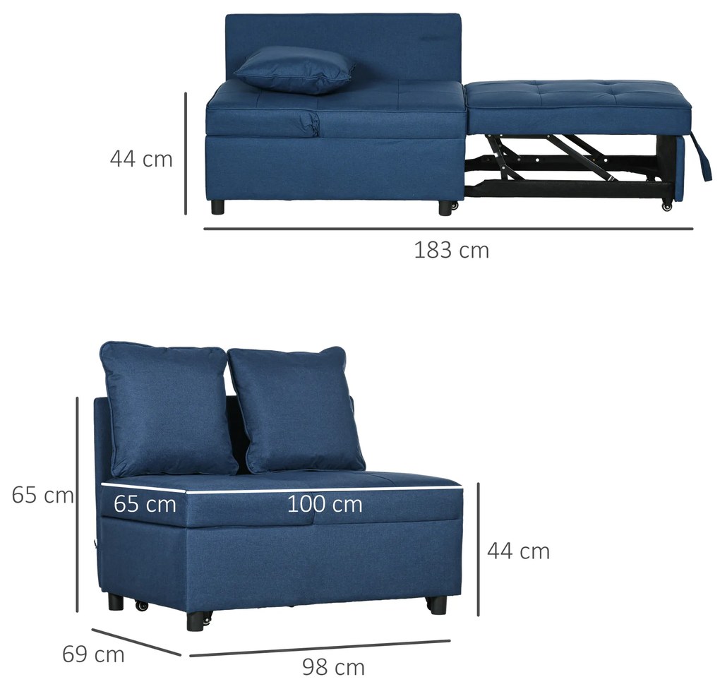 Sofá Cama 3 em 1 Sofá de 2 Lugares com Encosto Ajustável Sofá Cama Individual com Almofadas 65x98x69 cm Azul