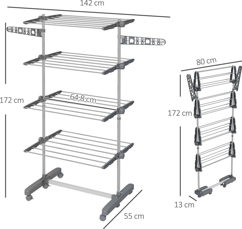 Estendal de roupa dobrável com abas laterais, para uso interior e exterior, 142 x 55 x 172 cm, 4 níveis, cinzento