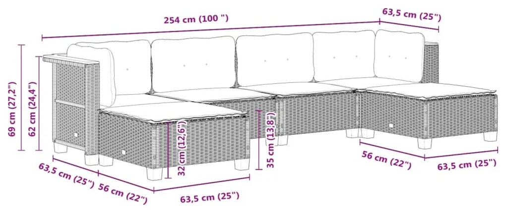 6 pcs conjunto sofás de jardim c/ almofadões vime PE preto