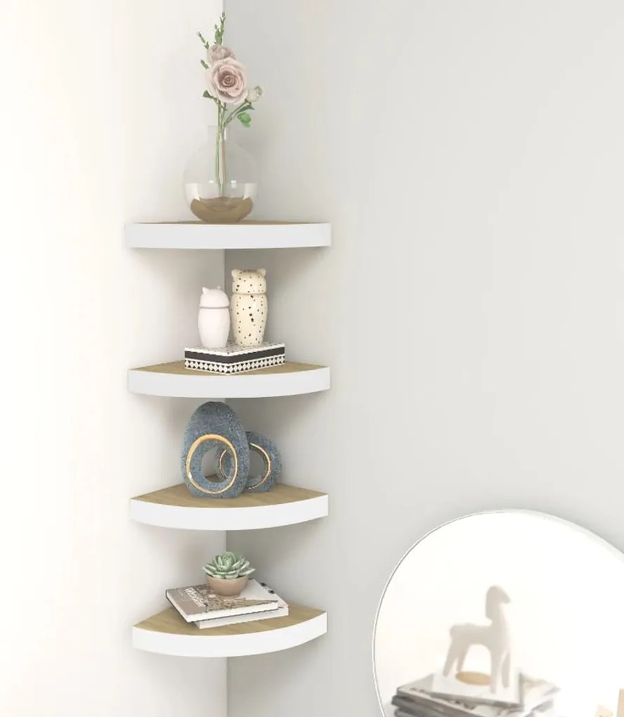 Prateleiras canto parede 4 pcs 25x25x3,8 cm MDF carvalho/branco