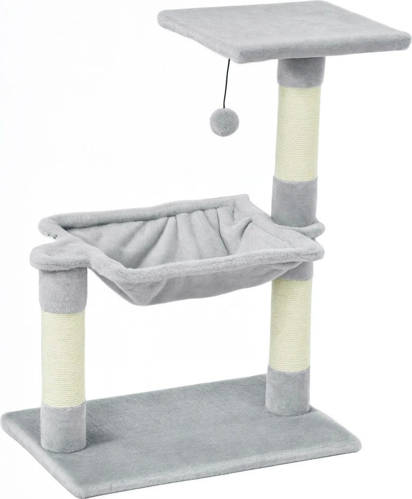 Arranhador para gatos com 3 arranhadores de sisal natural, plataforma, rede e bola suspensa, 50 x 26 x 70 cm, cinzento