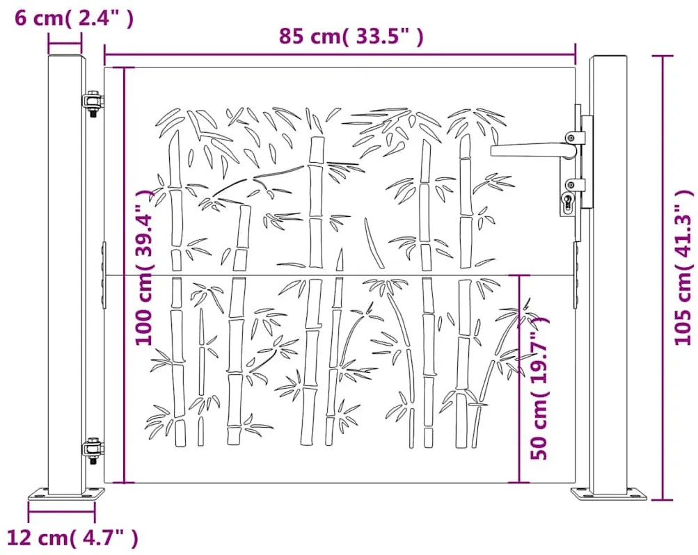 Portão de jardim 105x105 cm aço corten design bambu