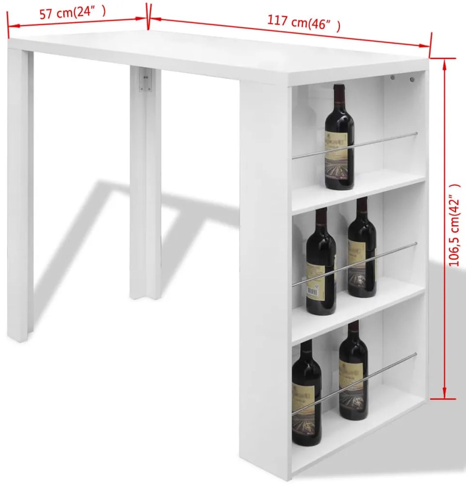 Mesa de bar em MDF com garrafeira, branco brilhante