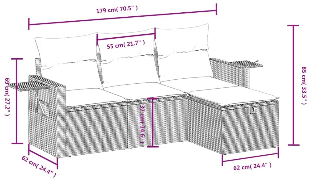4 pcs conjunto sofás de jardim c/ almofadões vime PE castanho