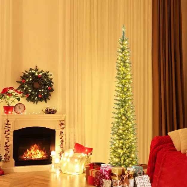 Árvore de Natal artificial pré-iluminada de 210 cm com 200 luzes LED brancas quentes em forma de lápis Verde