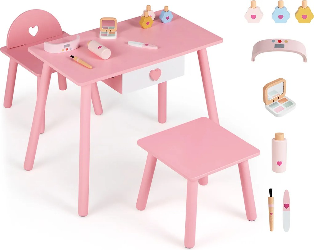 Conjunto de Mesa de Manicure Infantil com Cadeira e Banco, 60 x 34 x 49 cm, Design 2 em 1, Rosa