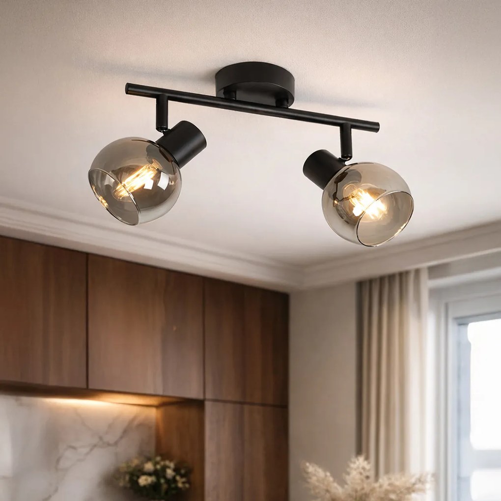 Plafon Art Deco preto com vidro fumê 2-luzes - Vidro