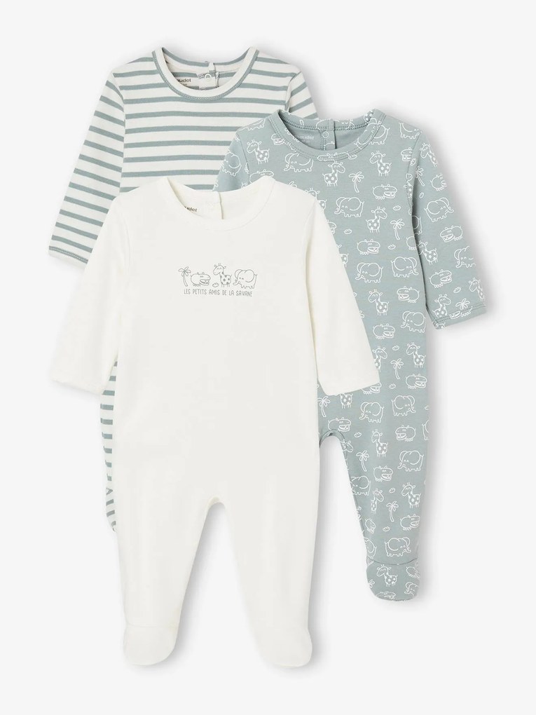 Lote de 3 pijamas, em interlock, para bebé, BASICS azul-acinzentado