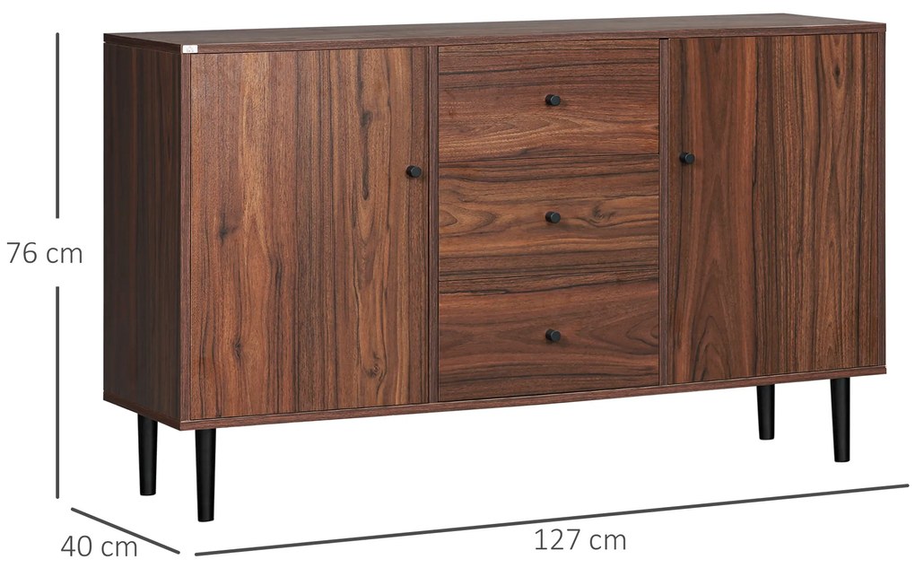 HOMCOM Aparador para Sala de Estar Aparador Buffet Moderno Móvel Auxiliar de Cozinha com 2 Portas e 3 Gavetas para Sala de Jantar Escritório 127x40x76cm Castanho Avermelhado e Preto