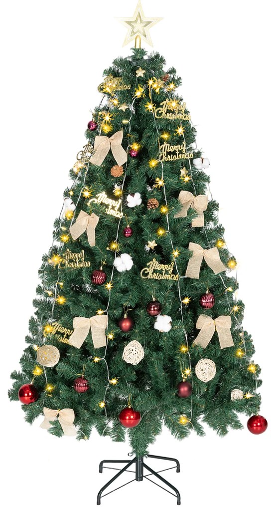 Árvore de Natal de 180 cm com Decorações 200 Luzes LED Branco Quente 8 Modos de Iluminação e 650 Ramos Verde