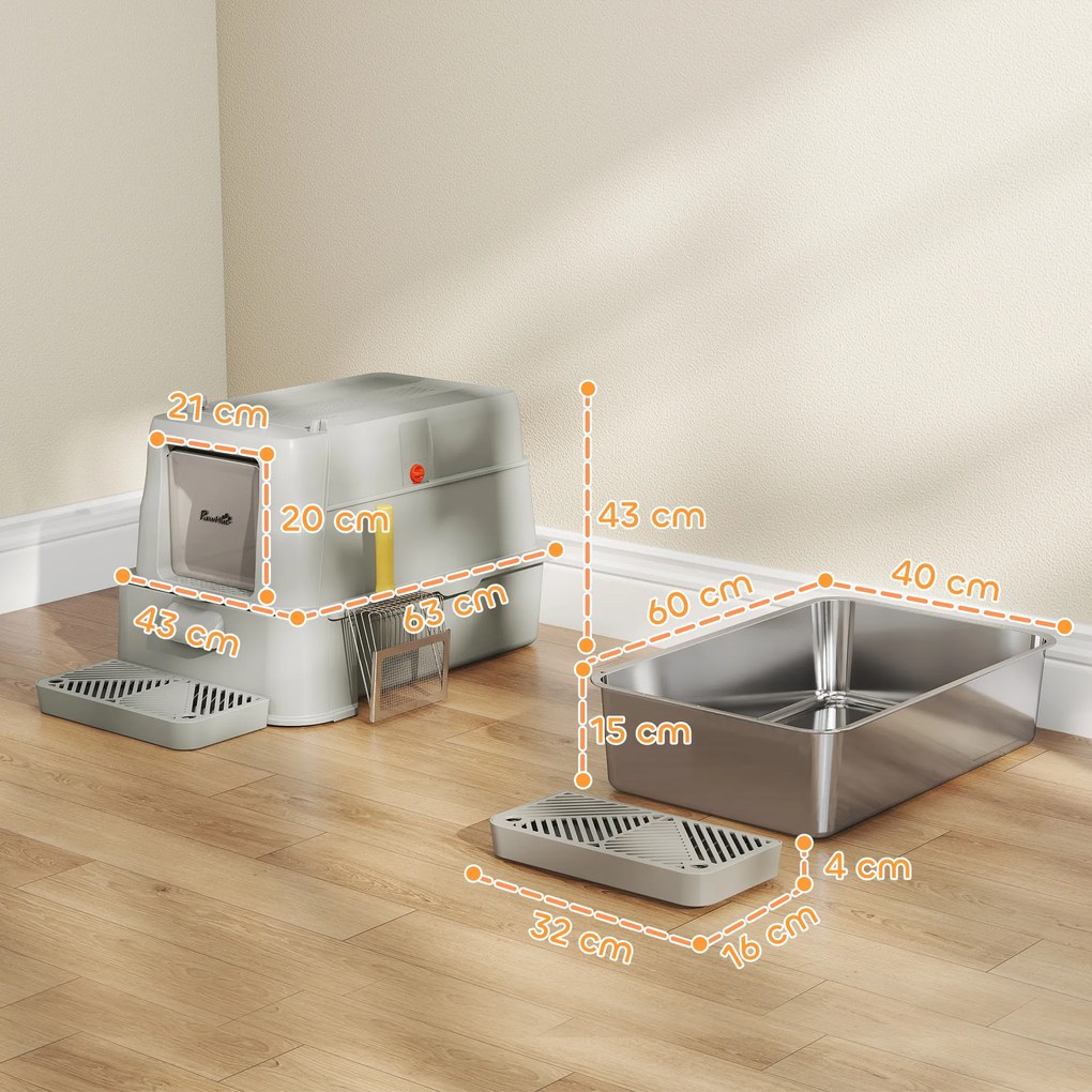 Caixa de Areia para Gatos de Aço Inoxidável XL com Tampa Articulada 180° Laterais Altas Pedal Pá 63x43x43 cm Cinza Claro